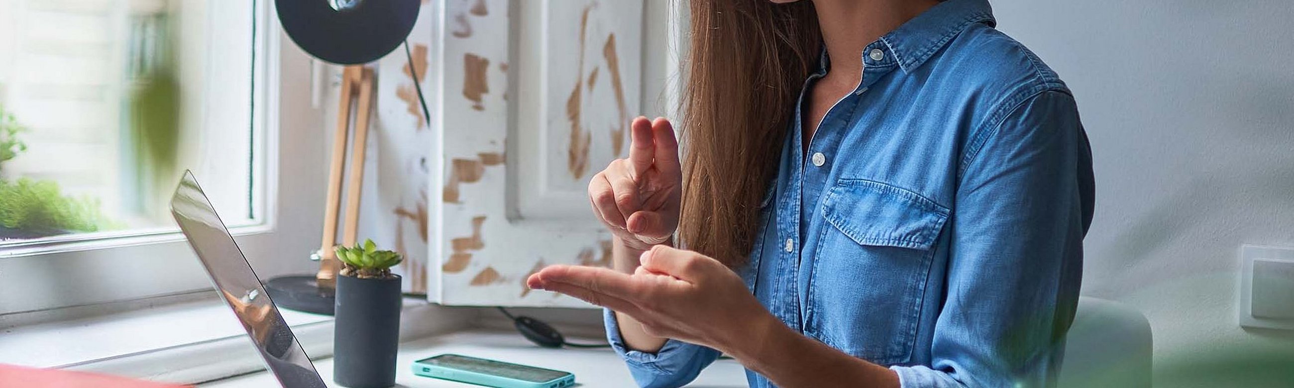 Person sitzt gebärdend am Laptop